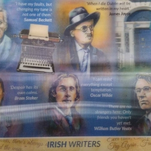 Kartka przedstawia pięciu przedstawicieli literatury irlandzkiej